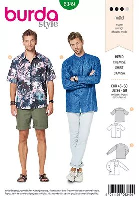 Burda SEWING PATTERN 6349 Men's ShirtsWith Long Or Short Sleeves Sizes  36 To 50 • £12.50