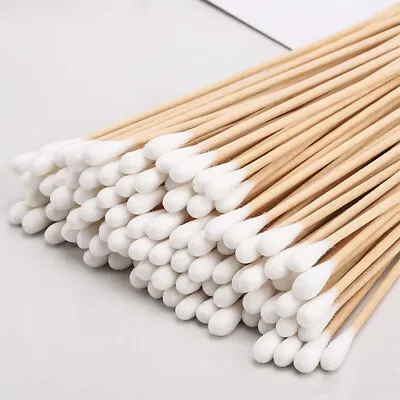 100Pcs 6  Long Wooden Handle Q-tips Round Cotton Swabs Swab Cleaning Applicators • £4.70