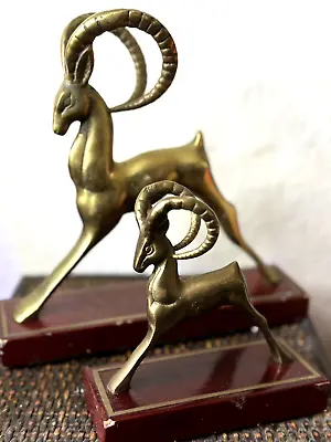 2 Vintage MCM Brass Gazelle Antelope Wood Base Bookends Statue Impala Ibex Fawn • $49.99