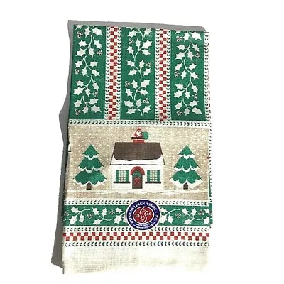 Christmas Linen Tea Towel Holly Snowy House Santa Down Chimney Vintage NWT Gift • $13.95