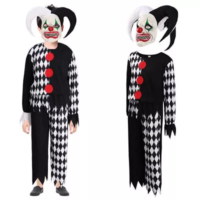 Killer Clown Cosplay Child Boys Halloween Fancy Dress Jumpsuit Mask Hat Outfits • $35.90