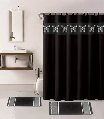 $20 • Buy 15pc Bathroom Set 2 Bath Mat 1 Shower Curtain Butterfly Geometric & Mosaic Style