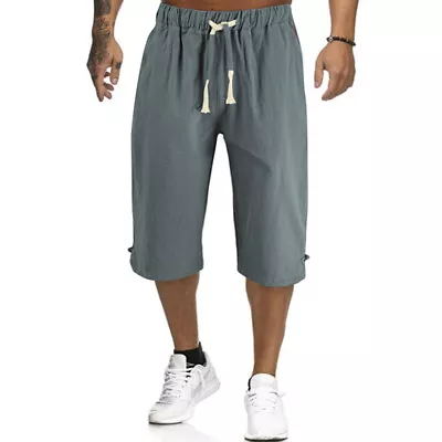 Men's 3/4 Long Shorts Elastic Waist Linen Baggy Combat Three Quarter Trousers • $41.18