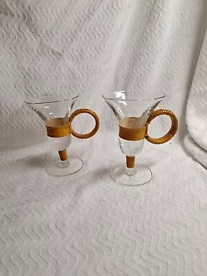 2 Carl AUBOCK Caned COCKTAIL Cordials Rattan MCM Glassware BARWARE • $29.99