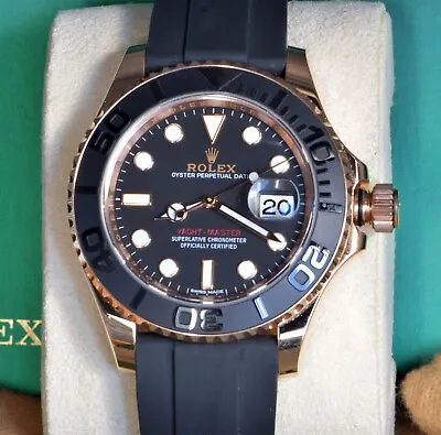 Preowed Rolex Yachtmaster 116655 Rose Gold 40mm Oysterflex Rubber W/ Box/Papers • $28000