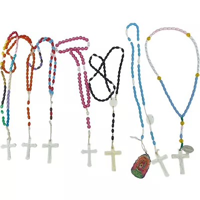 Vintage Lot Of 7 Plastic Multicolored￼ Rope Rosary Squared Crucifix • $9