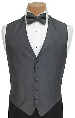 Men's Dark Charcoal Grey Tuxedo Vest & Tie Bow Or Long Herringbone Pattern • $8.99