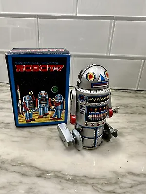 Vintage Retro Robot-7 Wind-up Mechanical Tin Litho Toy - Walking - Original Box • $17