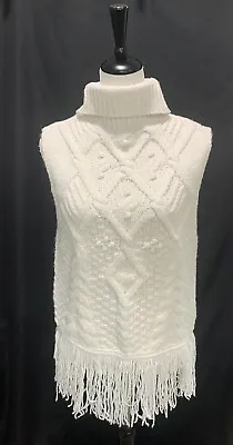 Q&A Sweater Vest Size Medium Cream Chunky Sleeveless TurtleNeck Fringe Boho • $25.49