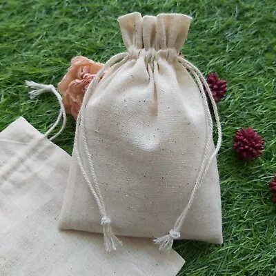 Small Cotton Drawstring Pouch Bags Plain Natural Muslin For Gifts Favour Storage • £3.49