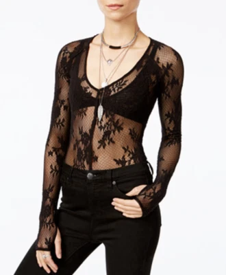 $18.99 • Buy FREE PEOPLE WOMEN'S BLACK LONG SLEEVE V-NECK LACE TEE TOP Sz M