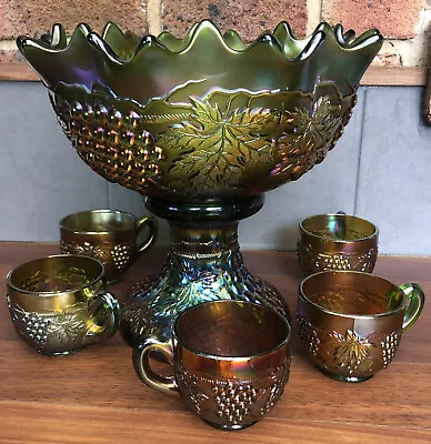 Green Carnival Glass Northwood Stippled Grape & Cable Punch Bowl 8 Cups • $590