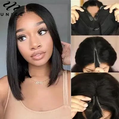 Mongolian Bob Straight V Part Wig Human Hair Upgrade U Part Wig Glueless HD Lace • $118.83