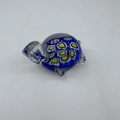 Murano Blown Art Glass Millefiori Turtle Paperweight Blue & Yellow • $22.95