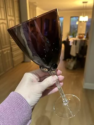 1 Murano Art Glass Hand Blown Clear Ribbed Stem Tall Wine Glass AMETHYST 9.75” • $13.99
