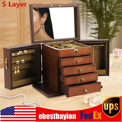 Wooden 5 - Layer Large 4 Drawers Jewelry Box Fit Wowen With Mirror Organizer Box • $88