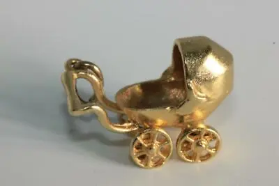 Vintage 14K GOLD 3D BABY STROLLER CARRIAGE CHARM PENDANT MOVEABLE MOVES • $266.40