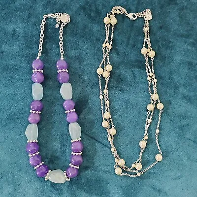 Dana Buchman Chaps Necklaces Purple Green Beaded  Pearl Silver Strand Lot Of 2 • $10.99
