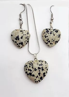 Dalmatian Jasper Heart Jewelry Set Necklace Earrings Pierced Hook Silver Tone • $15