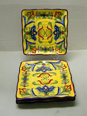 Maxcera Yellow Talavera Squared Salad Plate Hand Painted Blue Floral Set Of 4 • $39.96