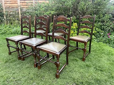 Set Of 6 Ladder Back Antique Oak Drop Seat Dining Chairs Green Leather Seats • £220