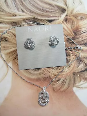 NEW Nadri Rhodium Crystal Lovers Knot Earrings & Necklace Set Bridal Jewelry Set • $95