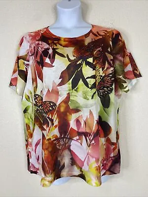 Laura Scott Womens Plus Size 2X Colorful Floral Butterfly T-shirt Short Sleeve • $13.59