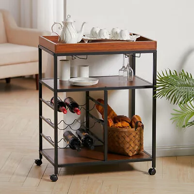 Walnut Wooden Drinks Storage Trolley Kitchen Tea Serving Cart Display Wine Rack • £105.95