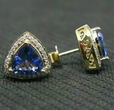 2.00Ct Trillion Cut Tanzanite & Diamond Solid Earrings 14k Yellow Gold Over • $58.49