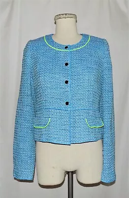 T Tahari Turquoise-Multi Tweed Snap-Button Front Collarless Blazer Jacket 8 NWT • $68.51