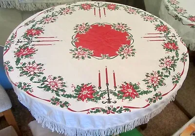 Vtg Round Cotton Christmas Print Tablecloth With Fringe 54” Candles Poinsettias • $24.99