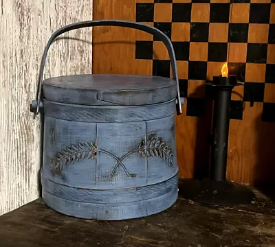 Beautiful Vintage Firkin With Carved Wheat Design & Grubby Primitive Blue Paint • $327.25
