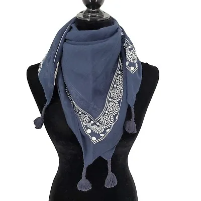 Hollister Cotton Scarf Blue White Embroidered Tassels Bohemian 32  Square • £9.63