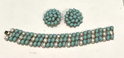 Trifari Crown Signed Vintage Pale Blue Turquoise & Pearl Bracelet & Earrings Set • $68