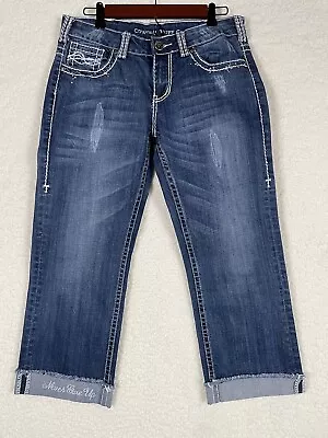 Cowgirl Tuff Crystal Capri Jeans Womens 29 Blue Denim Low Rise Frayed Raw • $24