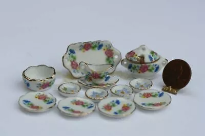 Dollhouse Miniature Springtime Floral Ceramic Dinner Set With Gold Trim • $9.99