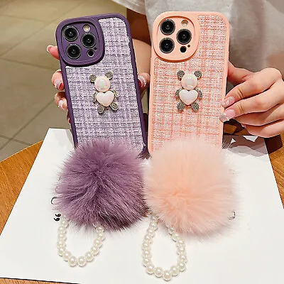 Woven Case Fabric Cover For IPhone 15 Pro Max 14 13 12 11+Pearl Plush Ball Strap • £4.68