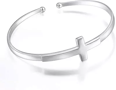 Sterling Silver Sideways Cross Bangle Faith Hope Love Cross Bangle Engraved Brac • $106.44