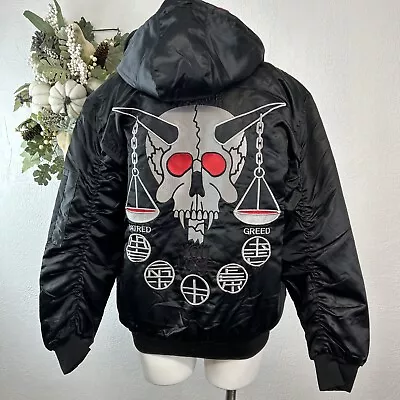 RARE DEATH TRAITORS BOMBER JACKET DEMON SKULL BLK Removable Hood LARGE Unisex • $140