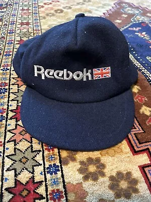 Reebok Fuzzy Strapback Hat British Vintage 1970's Flag Spell Out Logo Blue • $29.71