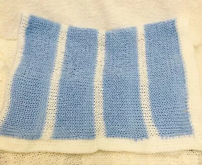 Hand Knitted Striped Baby Blanket Blue And White With Crochet Border  24” X 46” • £11.61