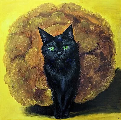 Original Black Cat Painting Sunset Kitten Contemporary Folk Art By Josh Merritt • $158