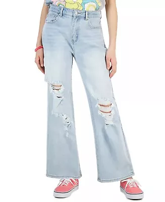 Crave Fame Juniors' Destructed 90s-Fit Flare-Leg Denim Jeans Size 5 Light Wash  • $27.38