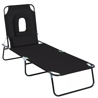 Outsunny Folding Sun Lounger Reclining Chair W/ Pillow Reading Hole Black • £26.99
