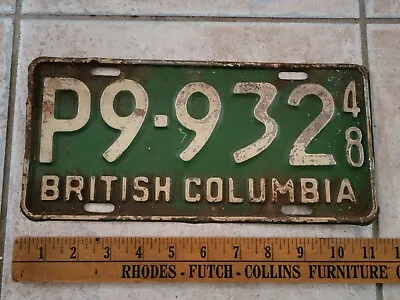 Vintage 1948 British Columbia License Plate P9 - 932 48 Tag Canada Canadian BC • $60