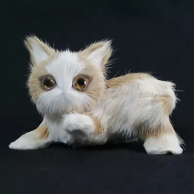 Vintage Real Fur Playing Kitten Cat Figurine White & Orange Paw Up • $15.95