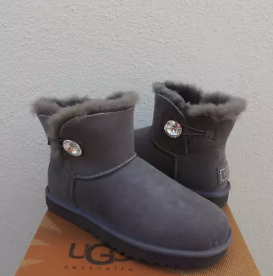 Ugg Gray Mini Bailey Button Bling Suede/ Sheepskin Boots Women Us 5/ Eur 36 New • $109.95