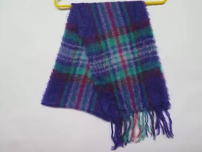 John Hanly Ireland Fuzzy Mohair & Wool Woven Scarf Red Green Purple Plaid  Vtg • $29.95