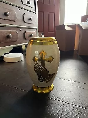 Medium Gold And Cream Ceramic Metal Urn 10.5 Gods Praying Hands Engraveable • $50