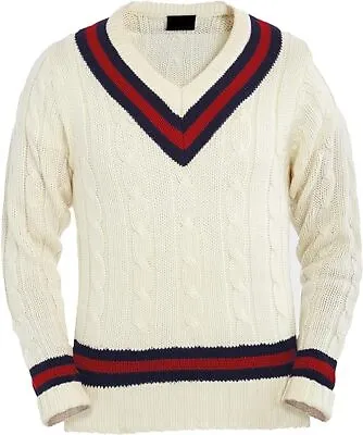 Mens V Neck Long Sleeve Cable Knit Cricket Jumper Pullover Sweater UK Size 8-22 • £14.99
